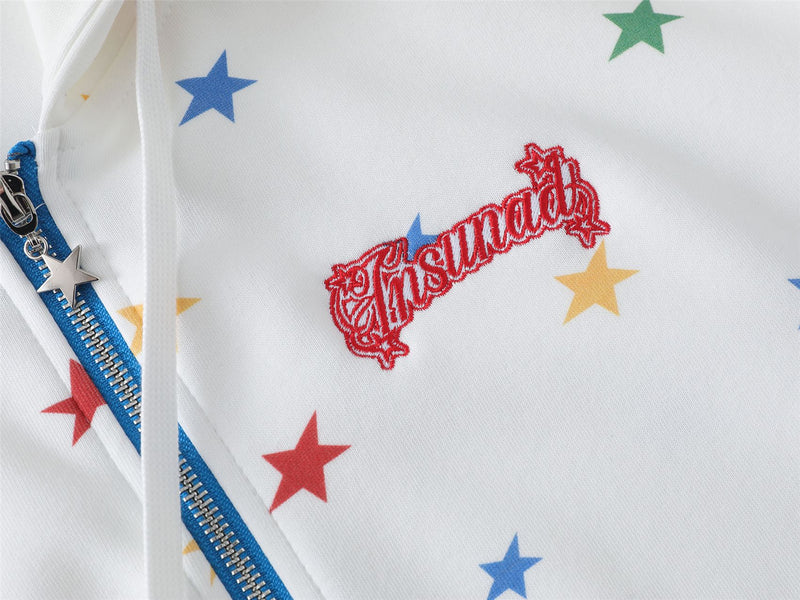 Hoodie mit Allover-Regenbogen-Sternenprint, Reißverschluss und kontrastierenden blauen Details