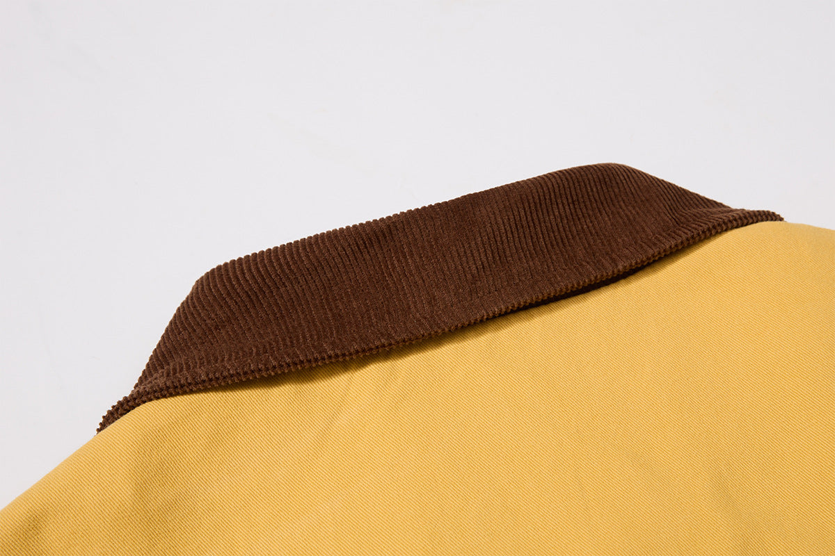 Retro American Washed Zip-Up Jacket with Corduroy Collar