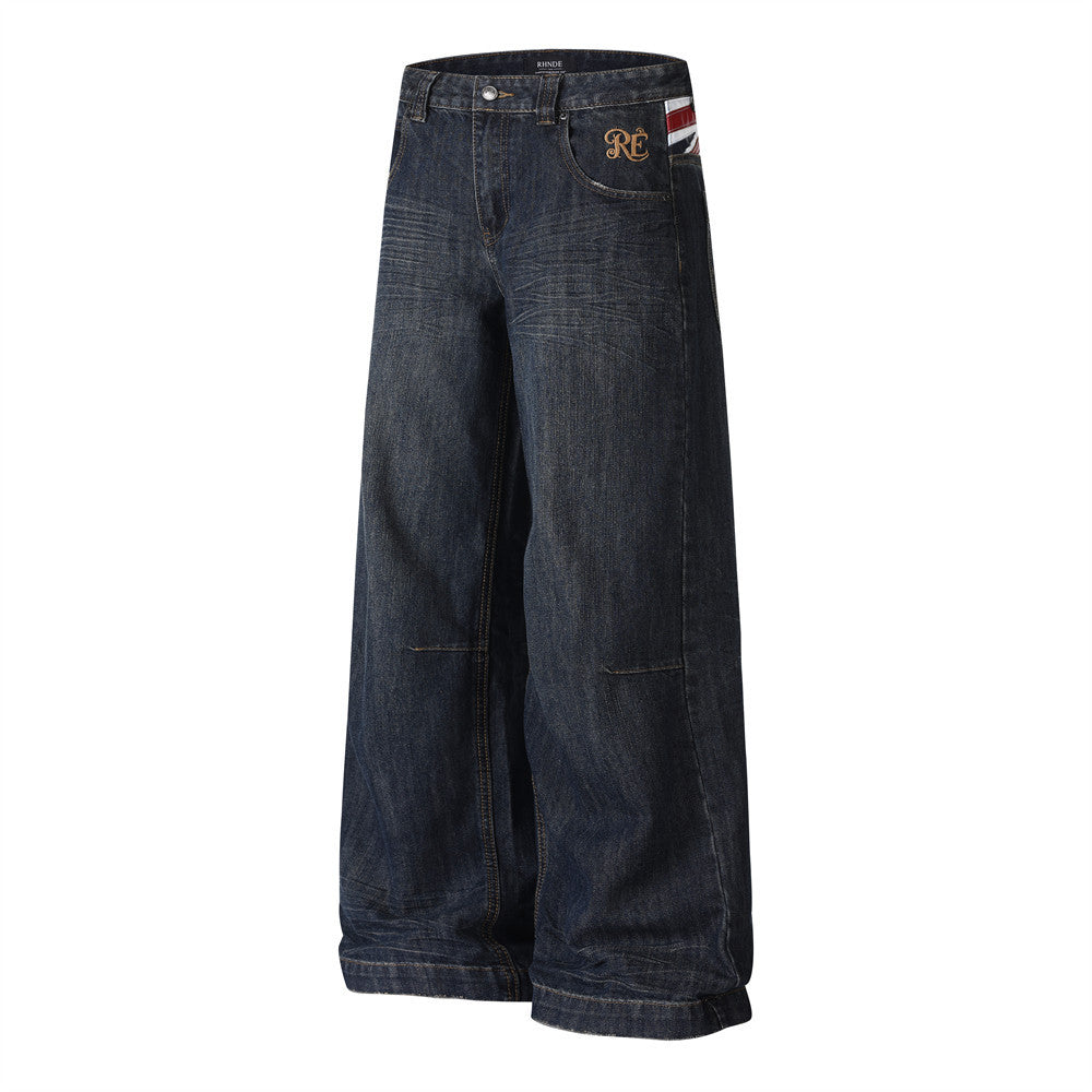 Wide-Leg Jeans with Union Jack Leather Waistband Detail