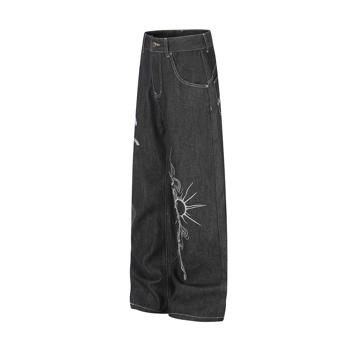 Wide-Leg Baggy Jeans – Skeleton Horse & Sun Embroidery, Dark Wash Black Denim