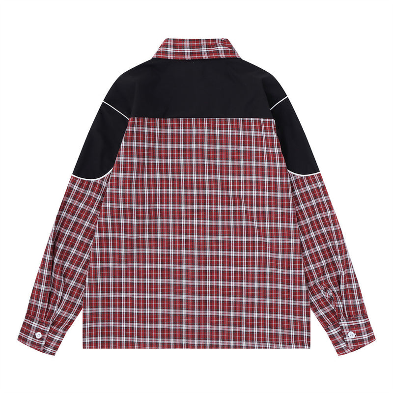 Plaid Long Sleeve Shirt with Colorblock Black Shoulder Panel and Crest