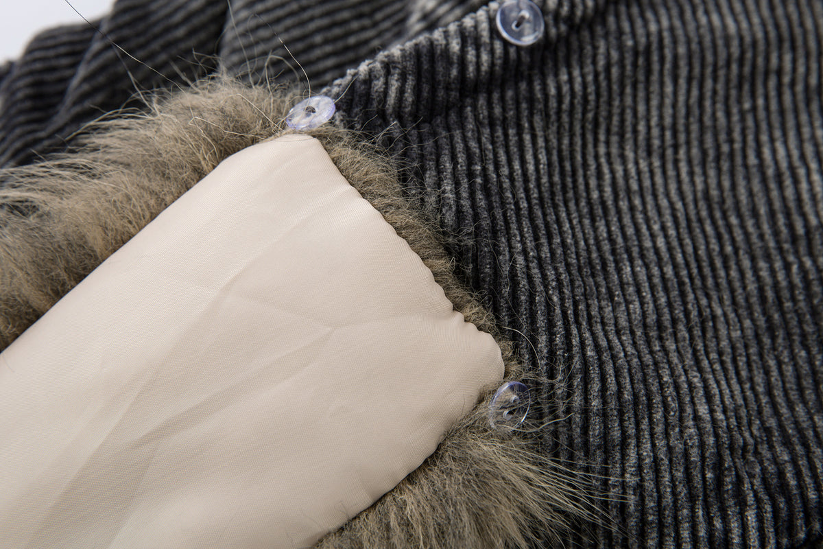 Corduroy Padded Jacket with Faux Fur Hood – Oversized Washed Winter Coat