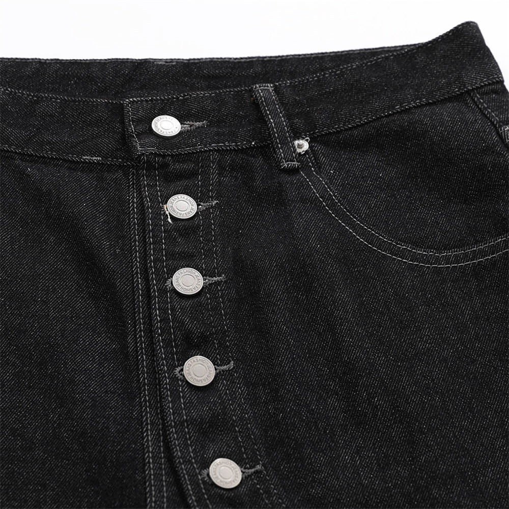 Black Denim Wide-Leg Shorts with Diagonal Button Placket
