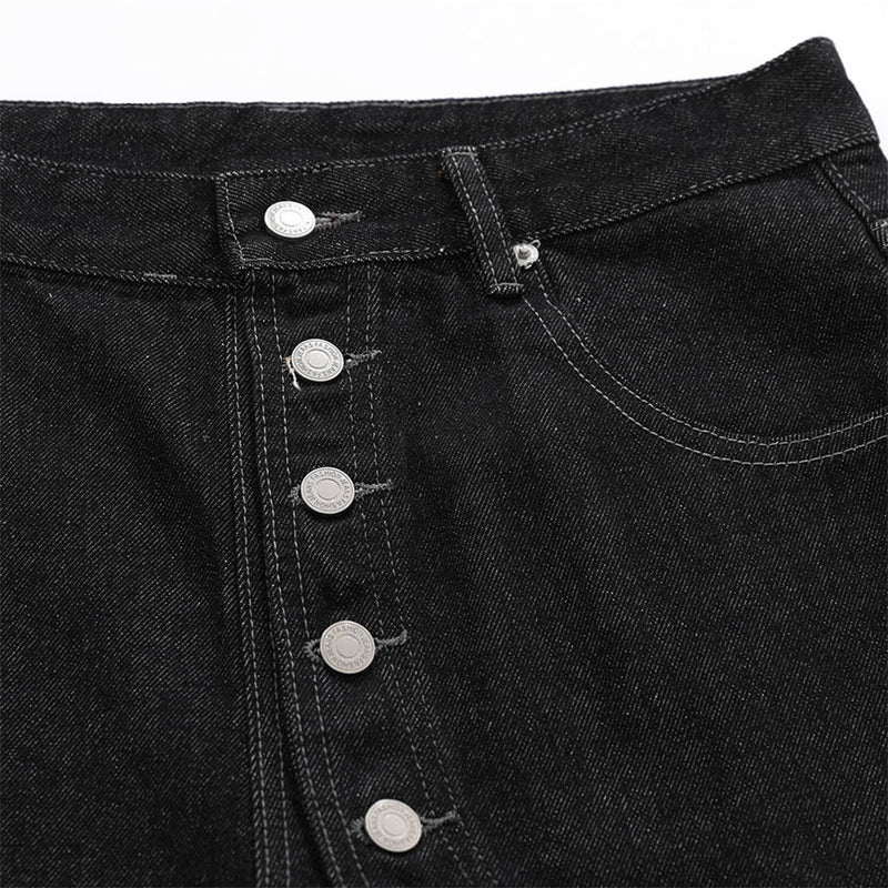 Black Denim Wide-Leg Shorts with Diagonal Button Placket