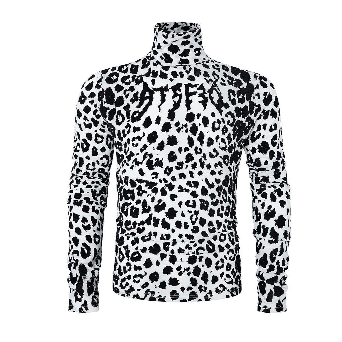 Slim-fit white and black leopard print turtleneck long sleeve shirt with gothic lettering on chest