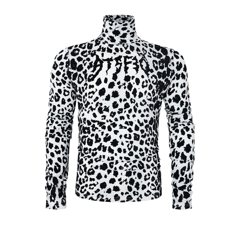 Slim-fit white and black leopard print turtleneck long sleeve shirt with gothic lettering on chest