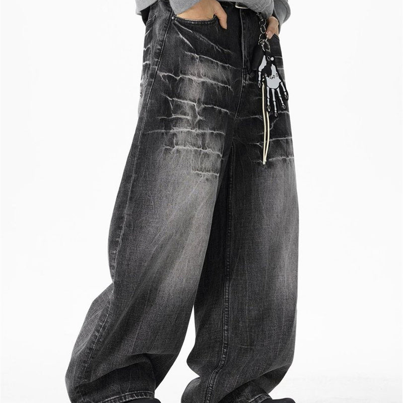 Baggy Dark Wash Jeans – Men's Wide Leg Vintage Punk Distressed Faded Denim