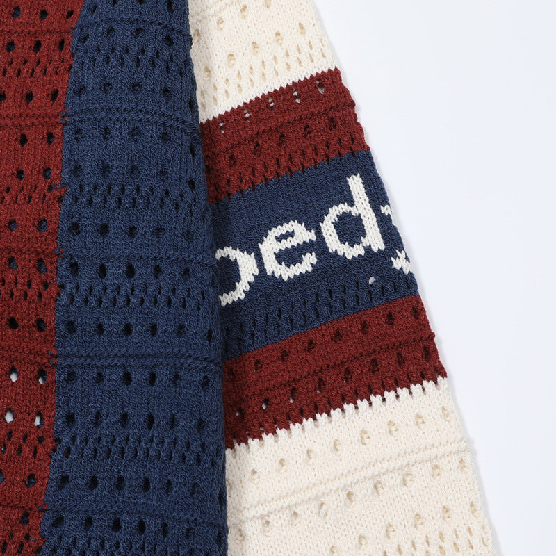 Colorblock Open-Knit Crew Neck Sweater – Varsity Stripe Pullover