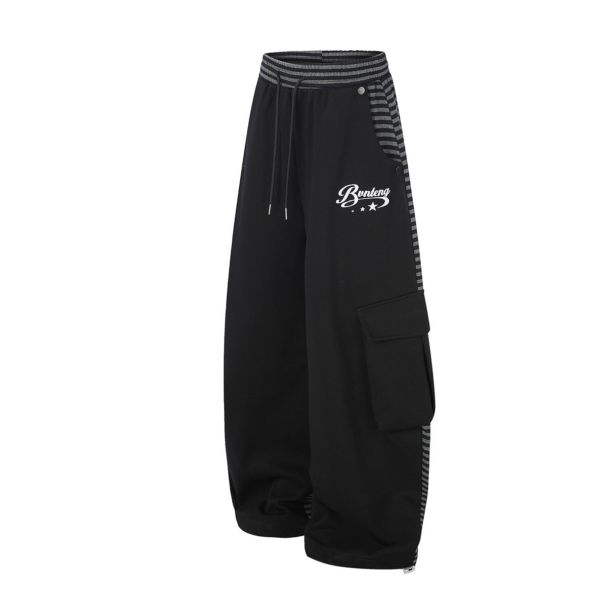 Wide-Leg Cargo Sweatpants with Striped Waistband – Relaxed Fit Parachute Pants