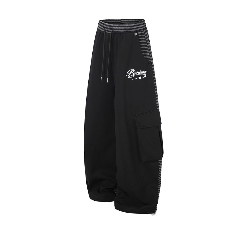 Wide-Leg Cargo Sweatpants with Striped Waistband – Relaxed Fit Parachute Pants