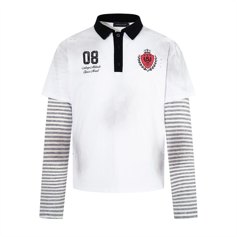 Men's Faux Two-Piece Polo Shirt with Striped Long Sleeves and Distressed Print