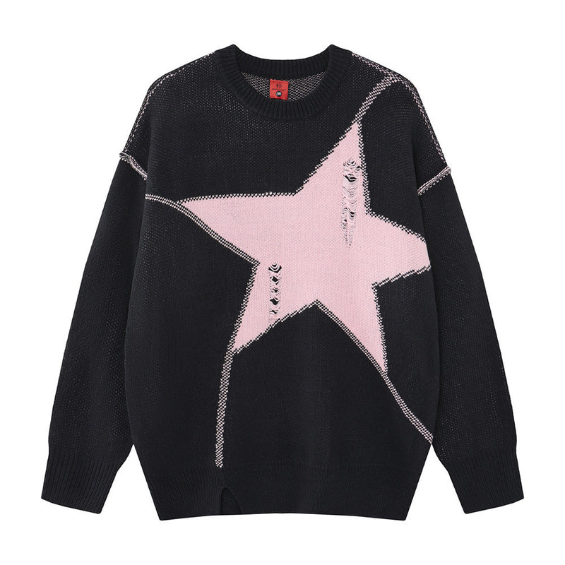Men Crew Neck Sweater Oversized Star Knit Distressed Colorblock
