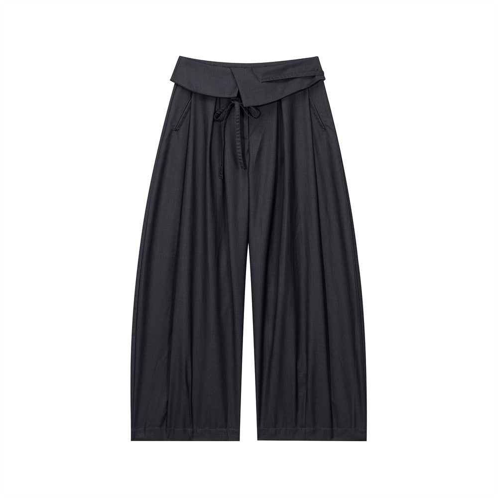 Wide-Leg Pleated Trousers with Fold-Over Waist & Drawstring