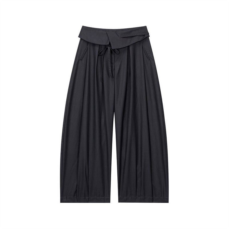 Wide-Leg Pleated Trousers with Fold-Over Waist & Drawstring