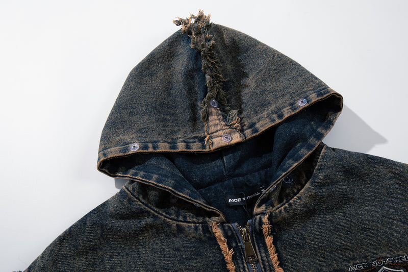 Hooded Denim Jacket with Fur Collar, Number 23 Varsity Patch & Acid Wash Finish