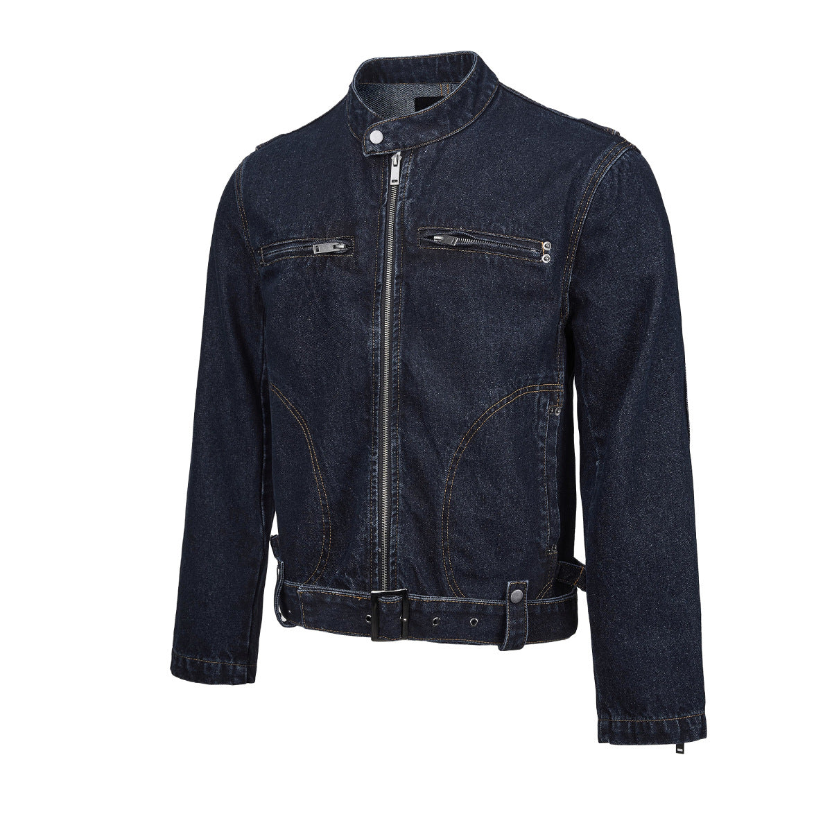 Veste biker moto en denim – Col montant indigo foncé, poches zippées et base ceinturée