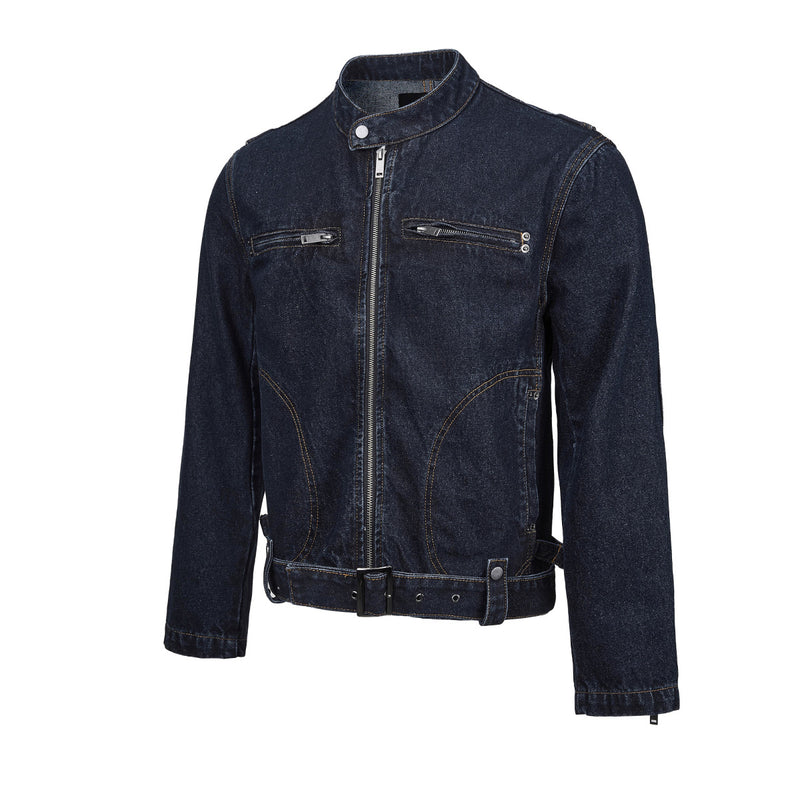 Veste biker moto en denim – Col montant indigo foncé, poches zippées et base ceinturée