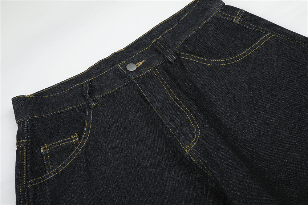 Wide-Leg Jeans Men – Dark Wash Denim with Script Embroidery & Faux Fur Cuffs