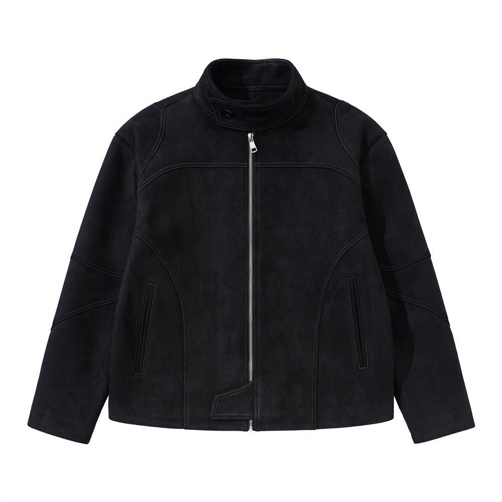 Men's Black Suede-Texture Zip-Up Moto Jacket – Structured Paneling, Stand Collar