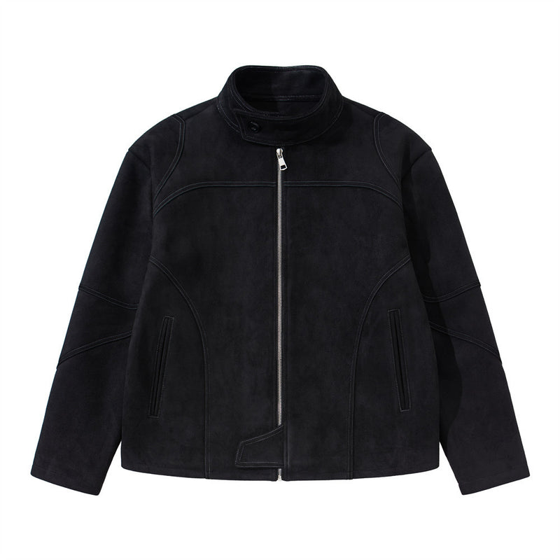 Men's Black Suede-Texture Zip-Up Moto Jacket – Structured Paneling, Stand Collar