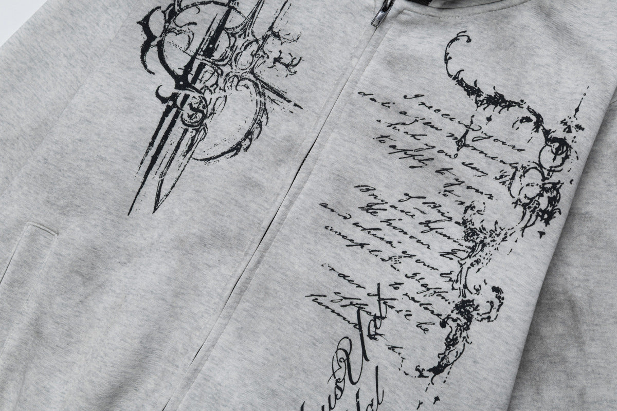 Hoodie mit Gothic-Schriftzug und Reißverschluss – Gewaschener Vintage-Dark-Style