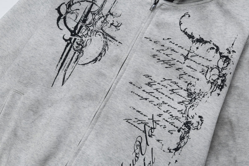 Hoodie mit Gothic-Schriftzug und Reißverschluss – Gewaschener Vintage-Dark-Style