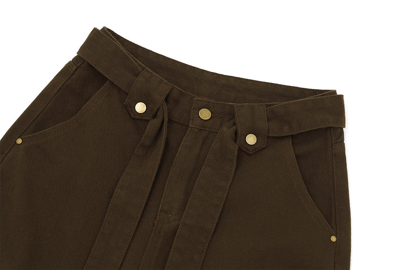 Wide-Leg Barrel Pants with Belt Strap, Pleated High-Waist Washed Casual Trousers