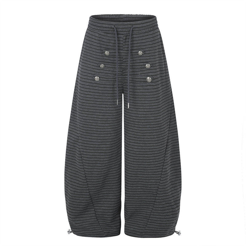 Pantalón de Pierna Ancha a Rayas para Hombre con Cintura de Cordón y Botones Cruzados