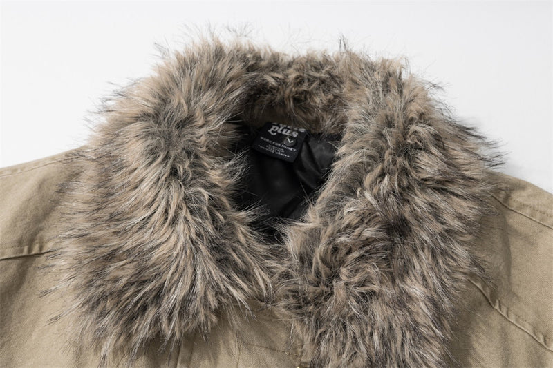 Men's Padded Canvas Jacket with Faux Fur Collar & Metal Toggle Closures