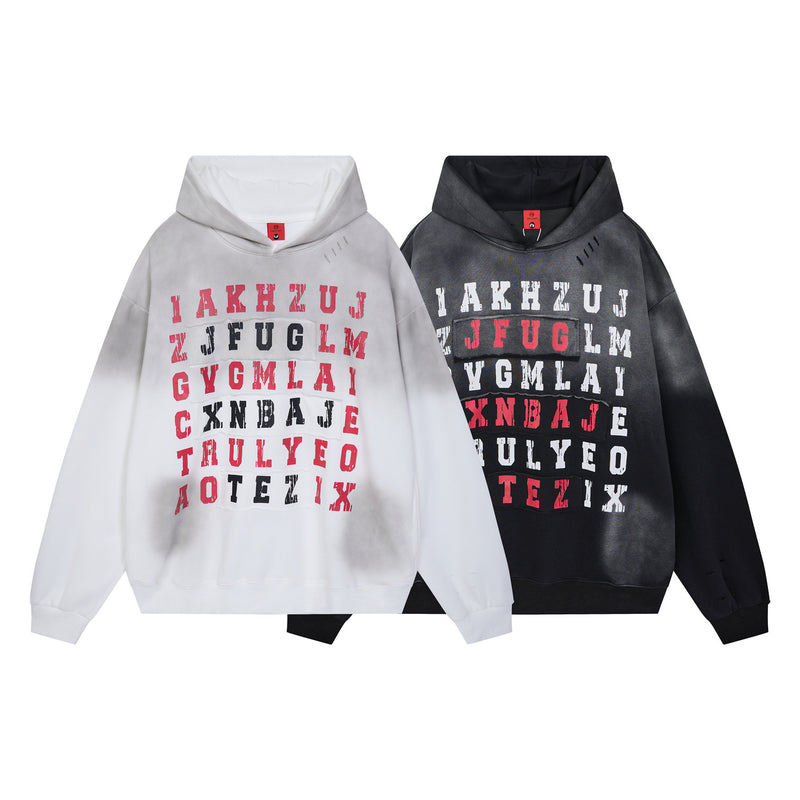 Letter Grid Oversized Hoodie – Acid-Washed Distressed Streetwear Pullover