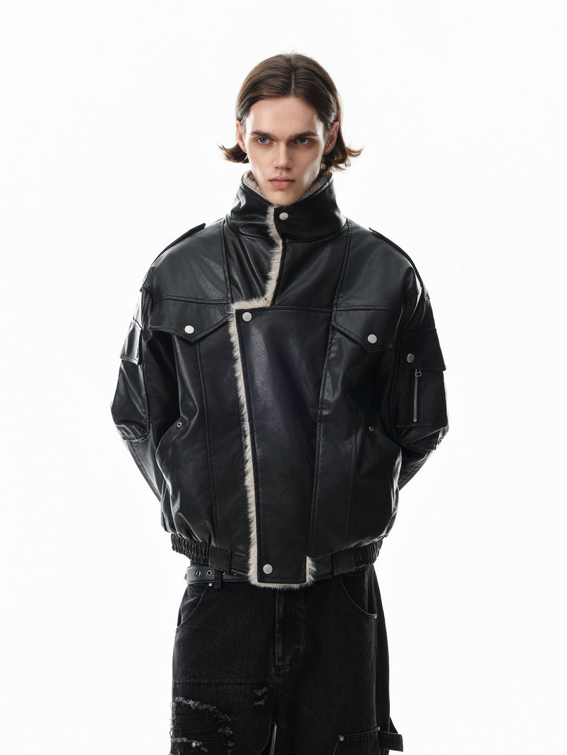 Faux Leather Fur-Lined Bomber Jacket – Cold Weather Motorcycle Jacket with