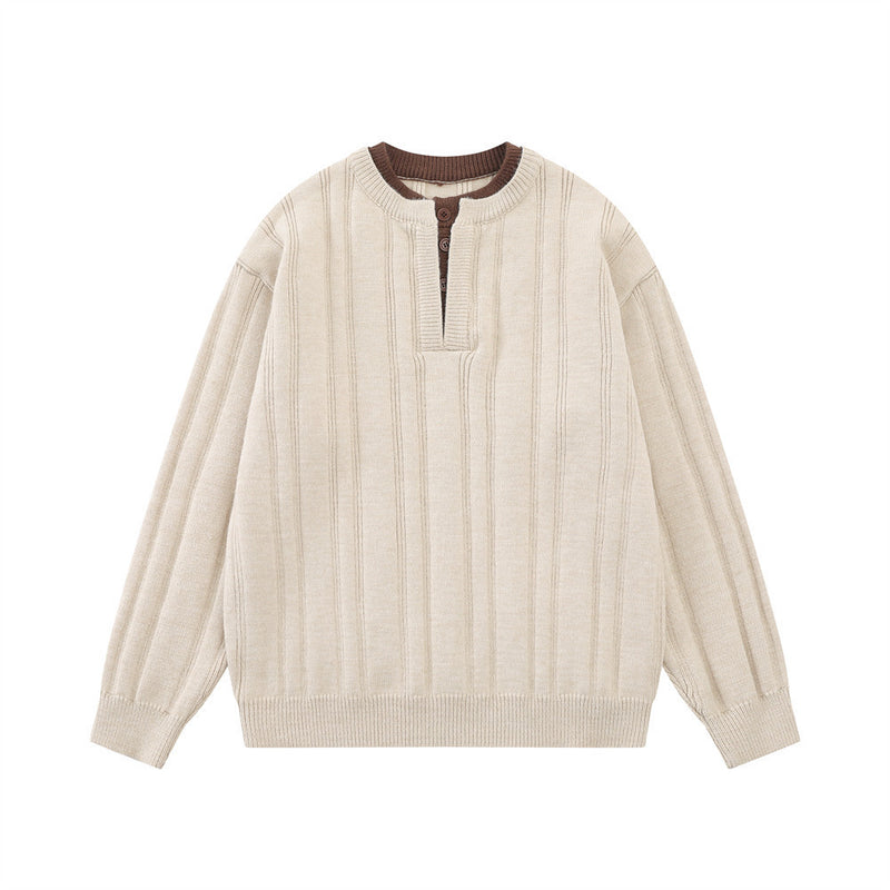 Pull homme en maille côtelée à col tunisien – Coupe oversize décontractée