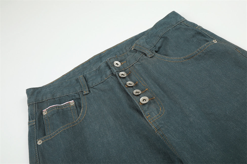 Jeans larges homme – Pantalon droit en denim vert canard à braguette boutonnée