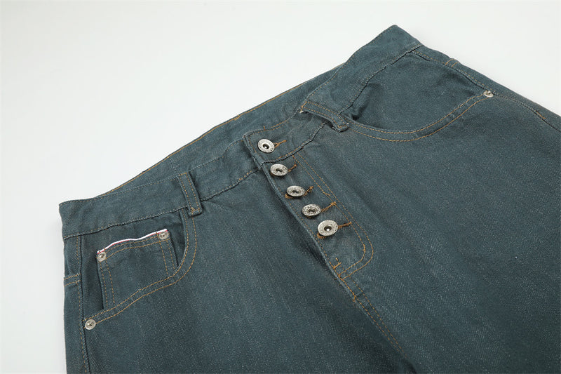 Jeans larges homme – Pantalon droit en denim vert canard à braguette boutonnée