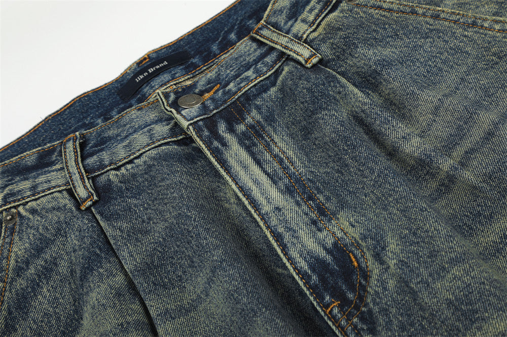 Wide-Leg Jeans Men's American Vintage Washed Distressed Denim Pants