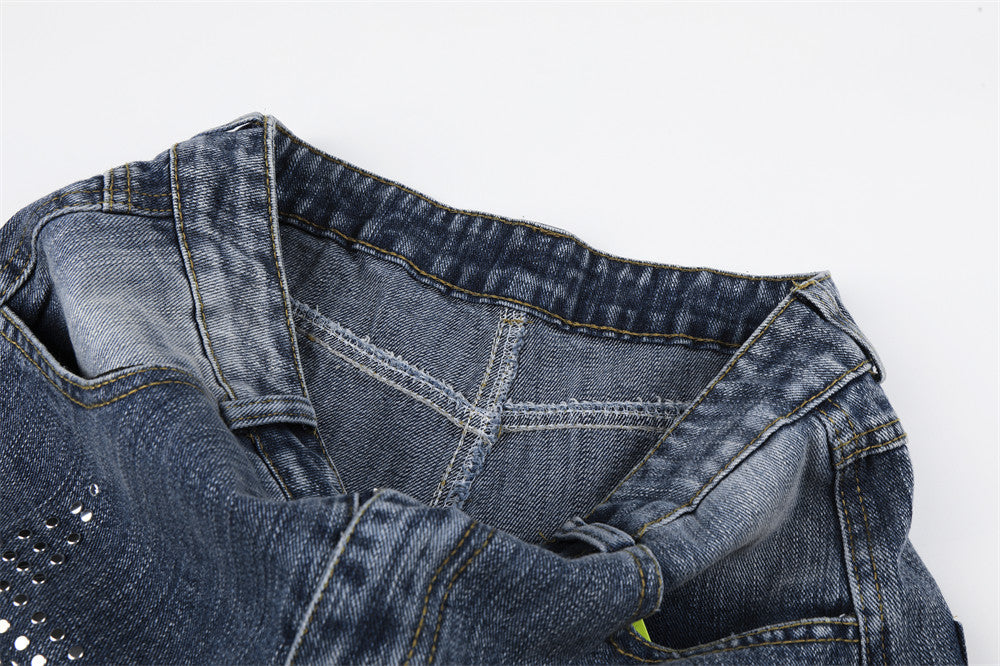 Vintage Washed Wide-Leg Jeans with Star Rhinestone Detail