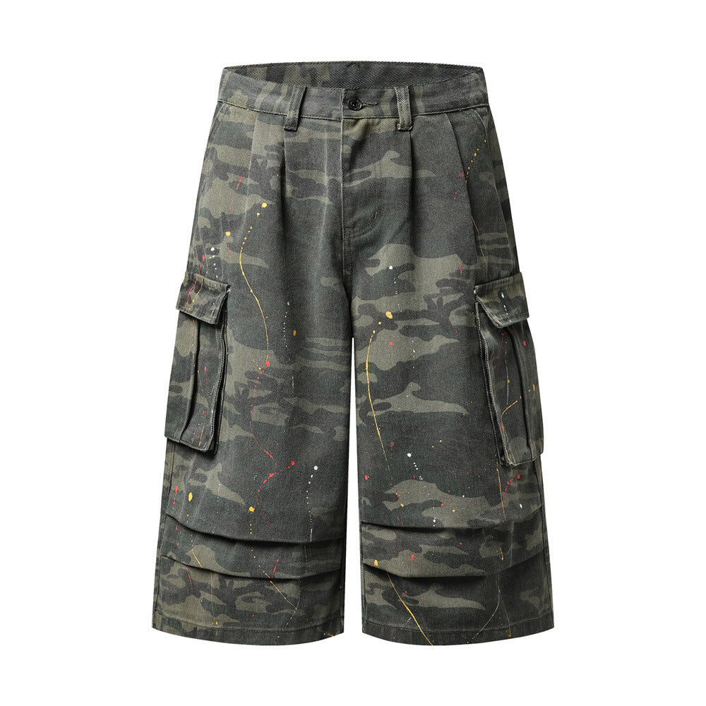 Camo Cargo Shorts – Paint Splatter Multi-Pocket Wide-Leg
