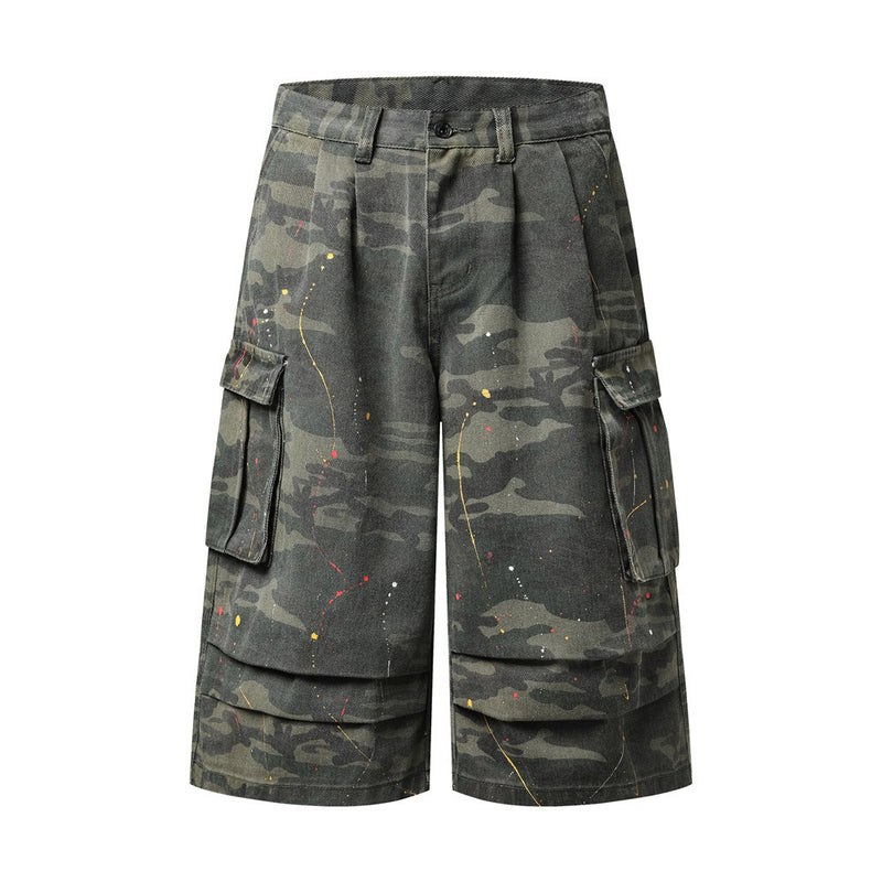 Camo Cargo Shorts – Paint Splatter Multi-Pocket Wide-Leg
