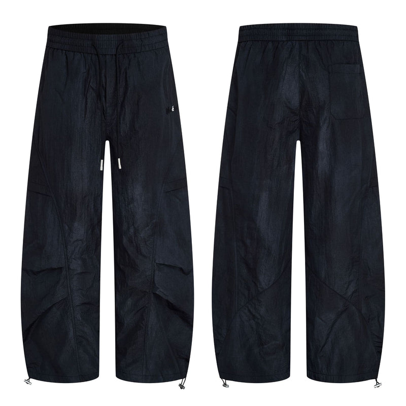 Wide-Leg Parachute Cargo Pants – Oversized Crinkle Nylon Drawstring Trousers