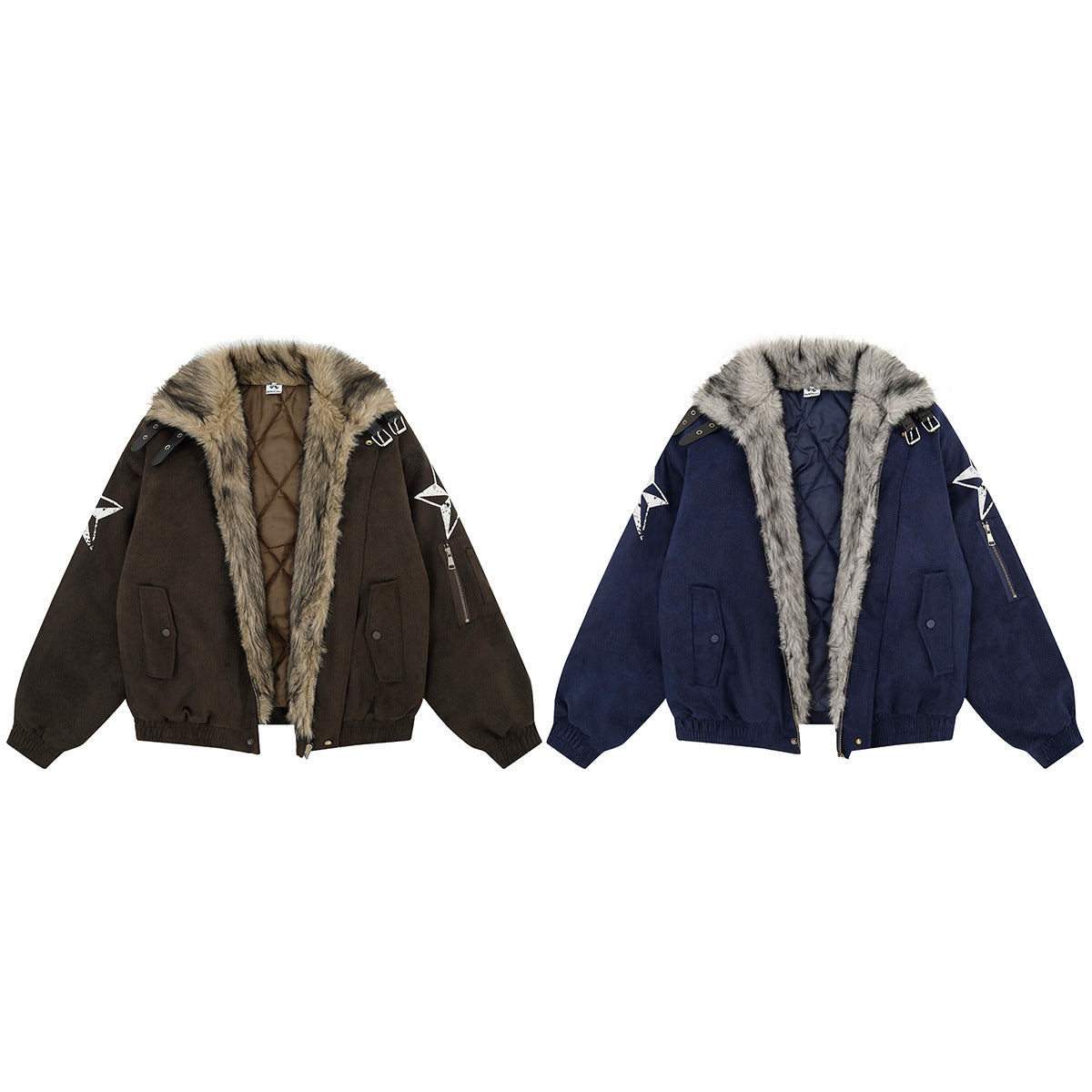 Retro American Bomber Jacket with Faux Fur Collar & Star Patches