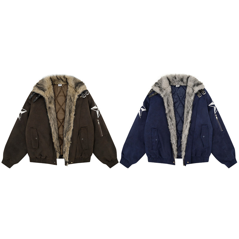 Retro American Bomber Jacket with Faux Fur Collar & Star Patches