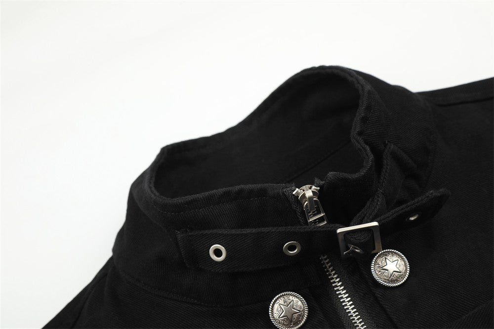 Men's Military-Inspired Short Jacket with Stand Collar, Buckle Straps & Button