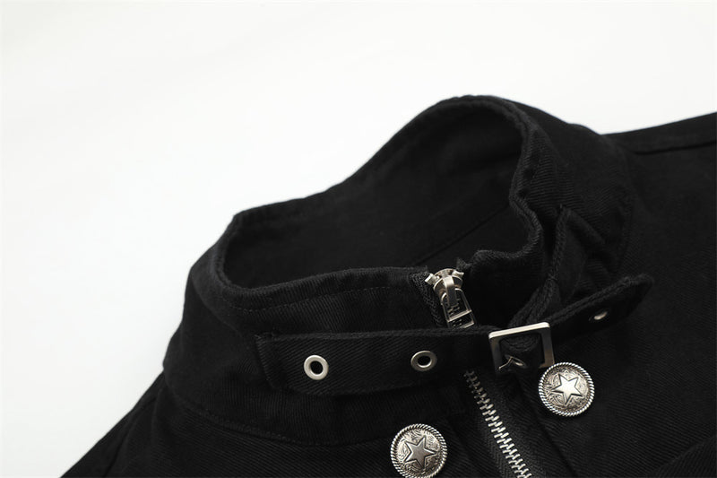 Men's Military-Inspired Short Jacket with Stand Collar, Buckle Straps & Button