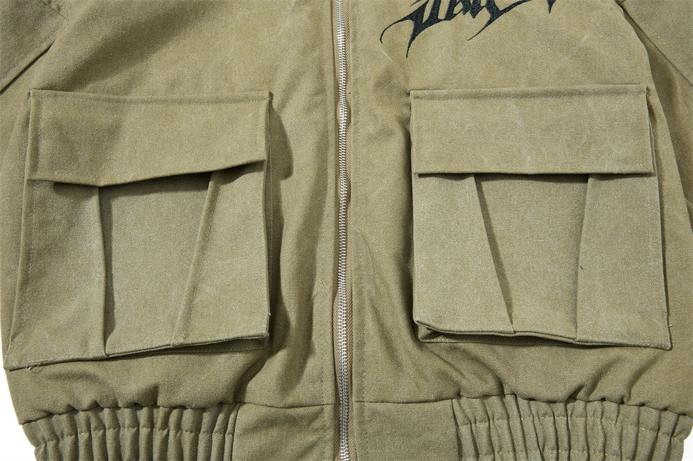 Gothic Letter Embroidered Cargo Bomber Jacket – Stand Collar, Multi-Pocket