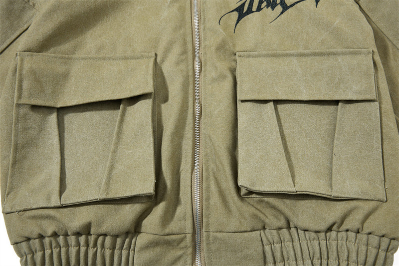 Gothic Letter Embroidered Cargo Bomber Jacket – Stand Collar, Multi-Pocket