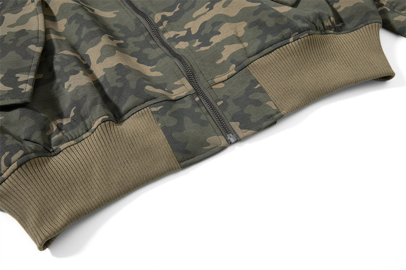 Blouson bomber homme camouflage à capuche, fermeture zippée et manches plissées