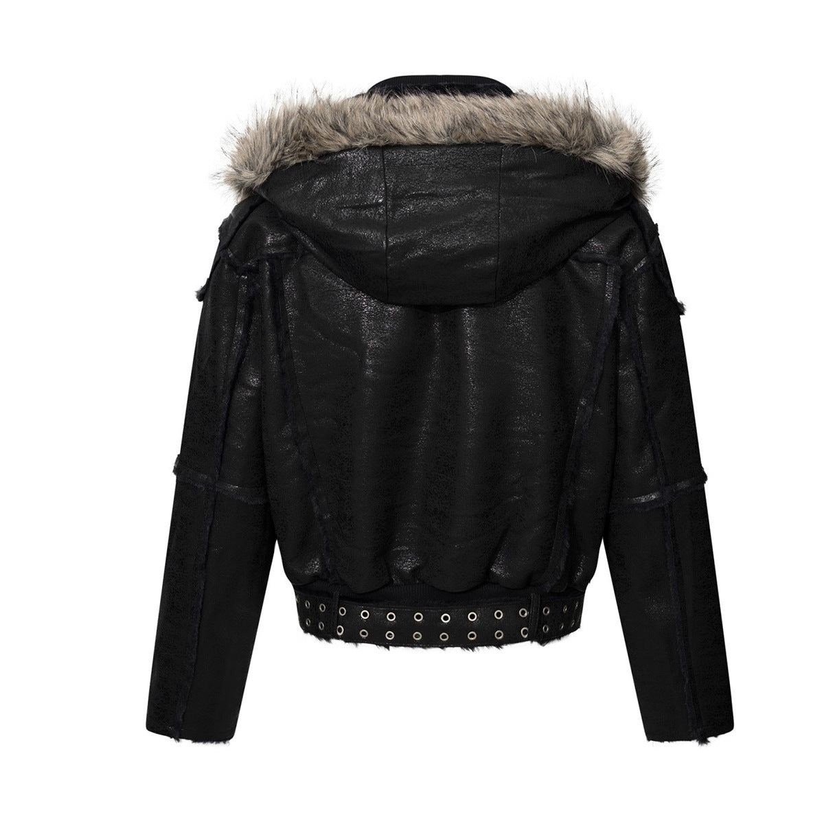 Faux Leather Bomber Jacket with Fur-Trim Hood & Fleece Lining — Black