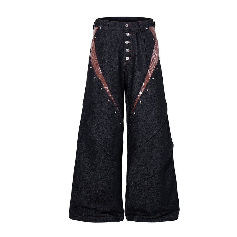 Boxy Raw Denim Jacket with Crocodile-Embossed Leather Panels