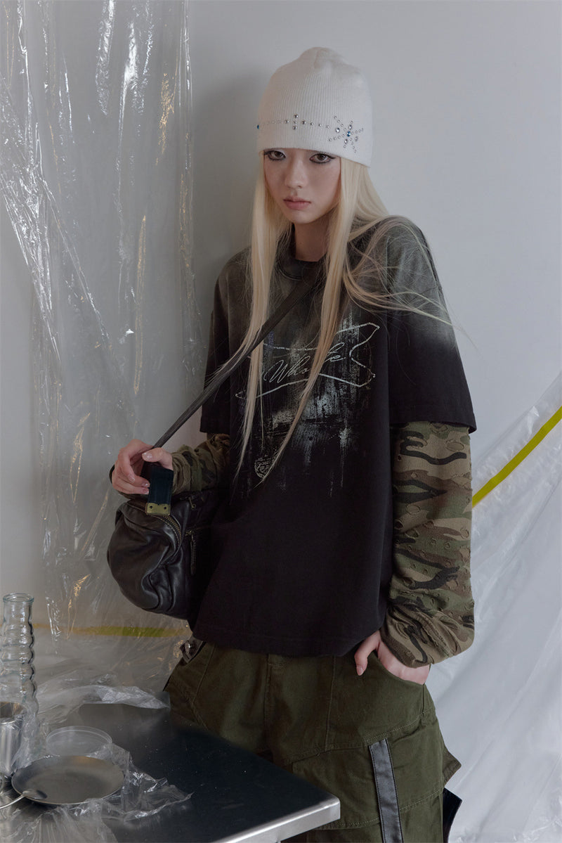 Oversized Faux-Layer Long Sleeve Tee with Camo Splice & Distressed Washed Print