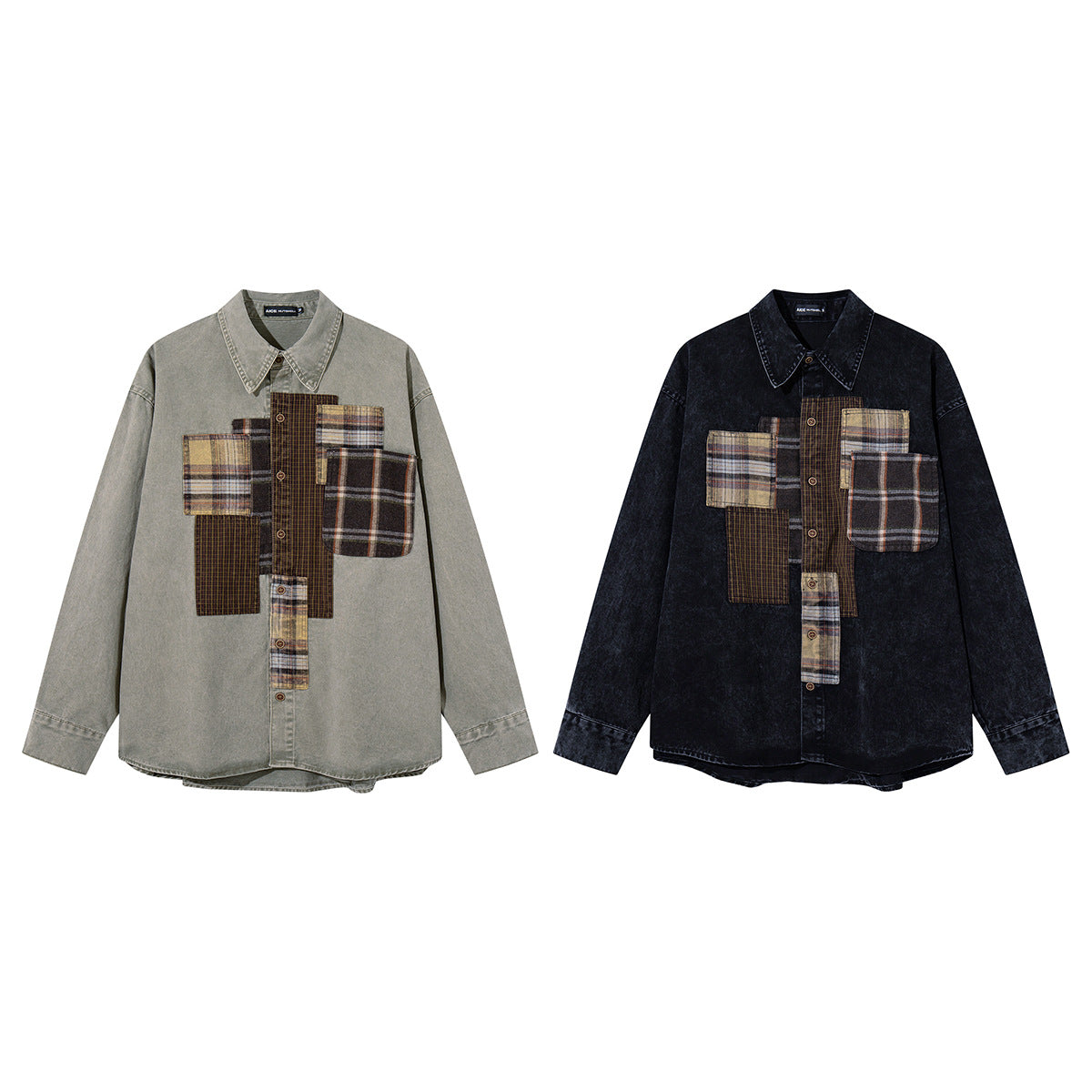 Patchwork Plaid Washed Denim Shirt – Oversized Vintage Nomad Style